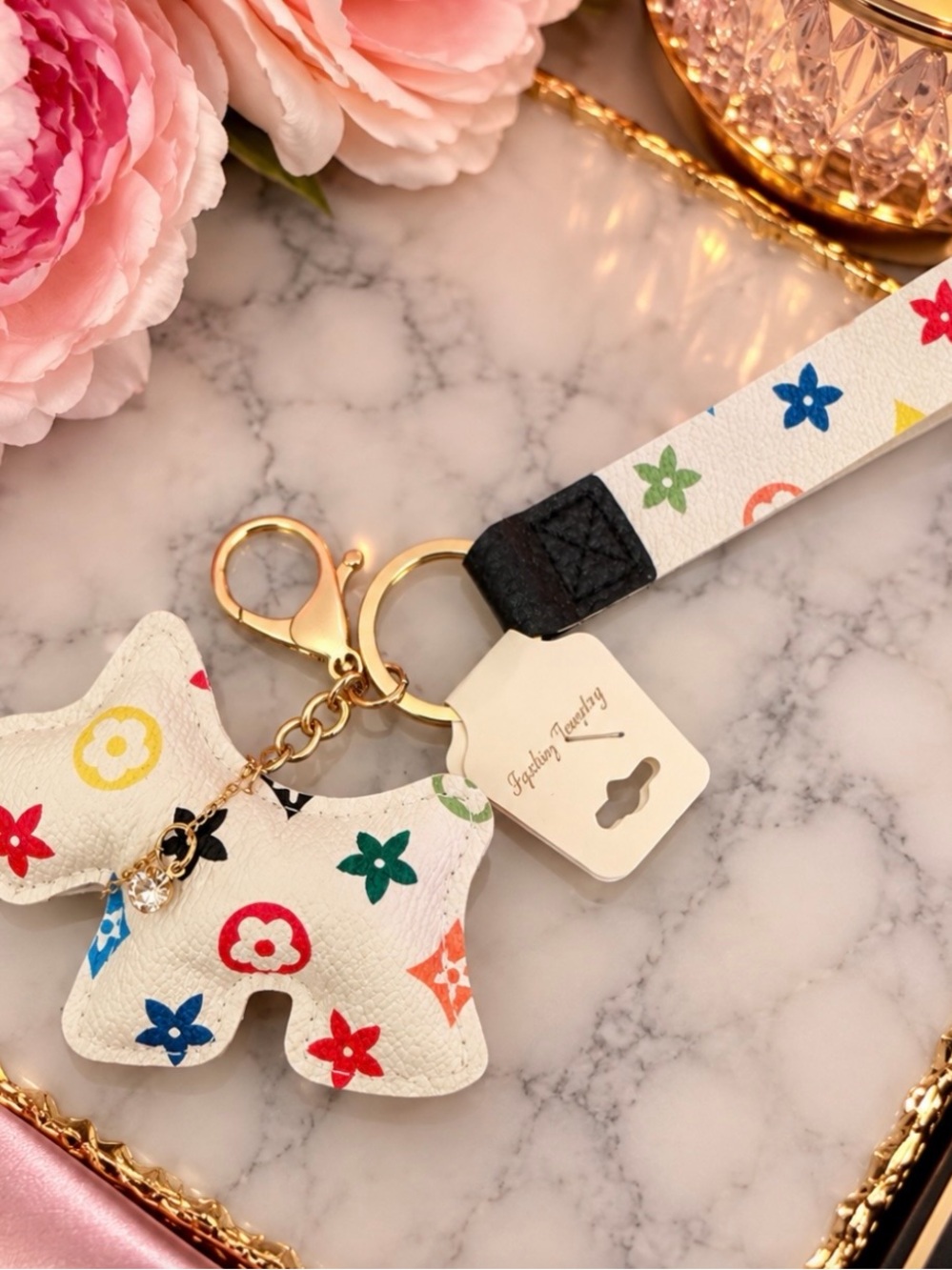 White Multicolor Puppy Keychain Wristlet - Purse Accessories